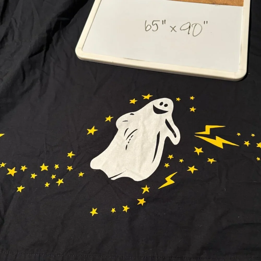 Pottery Barn Rare HTF  Kid Halloween Ghost Tablecloth  Black White Gold embroide
